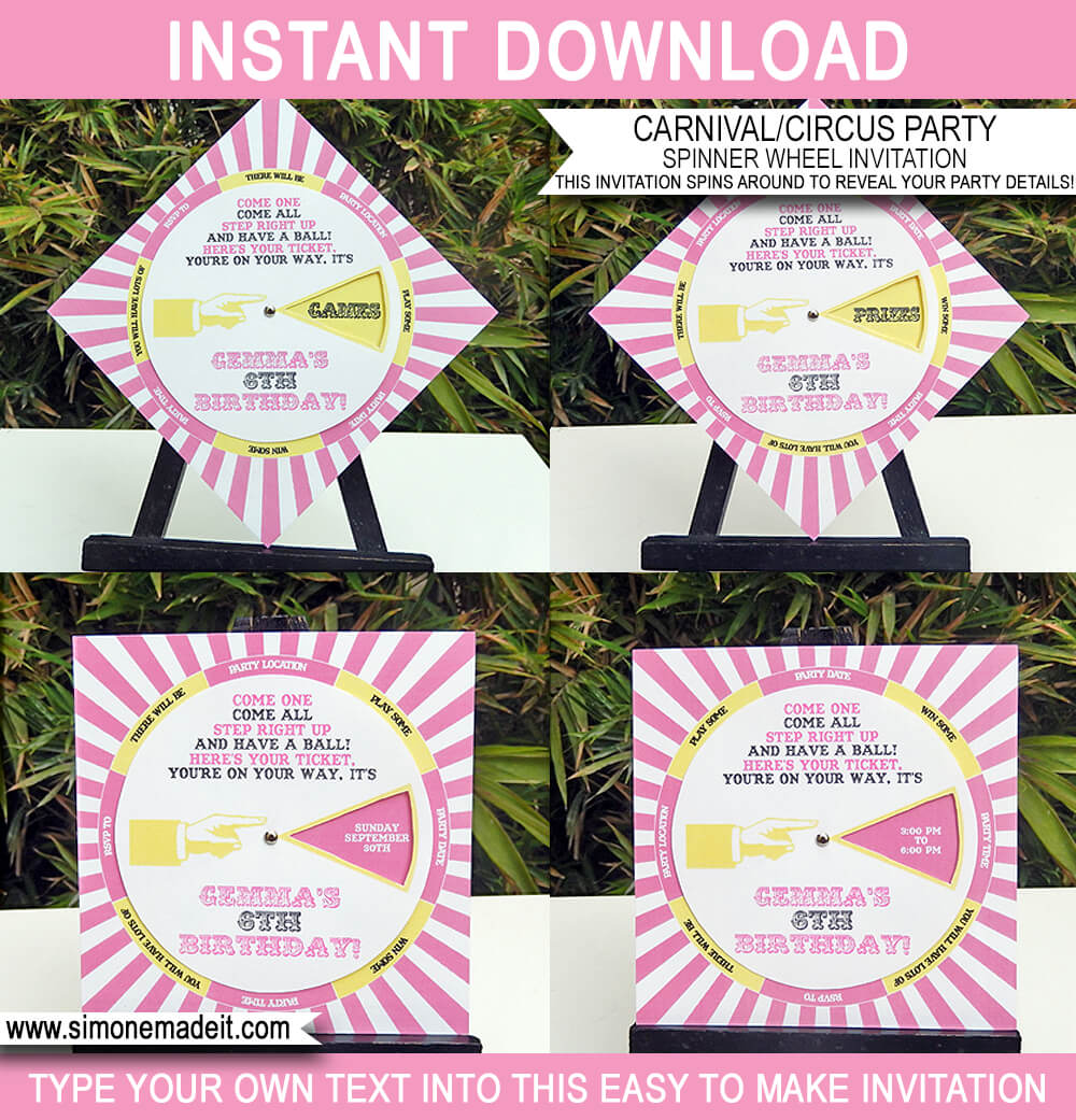 Printable Carnival Party Spinner Wheel Invitation Template | Unique Circus Party Invite | Pink and Yellow | Birthday Party | Editable DIY Theme Template | INSTANT DOWNLOAD $7.50 via SIMONEmadeit.com