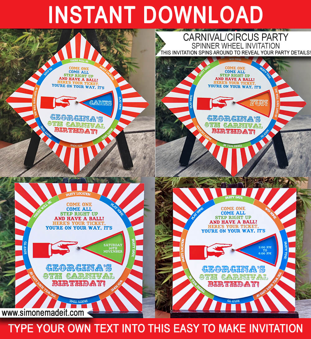Printable Carnival Spinner Wheel Invitation Template | Unique Birthday Party Invite | Circus | Editable DIY Theme Template | INSTANT DOWNLOAD $7.50 via SIMONEmadeit.com