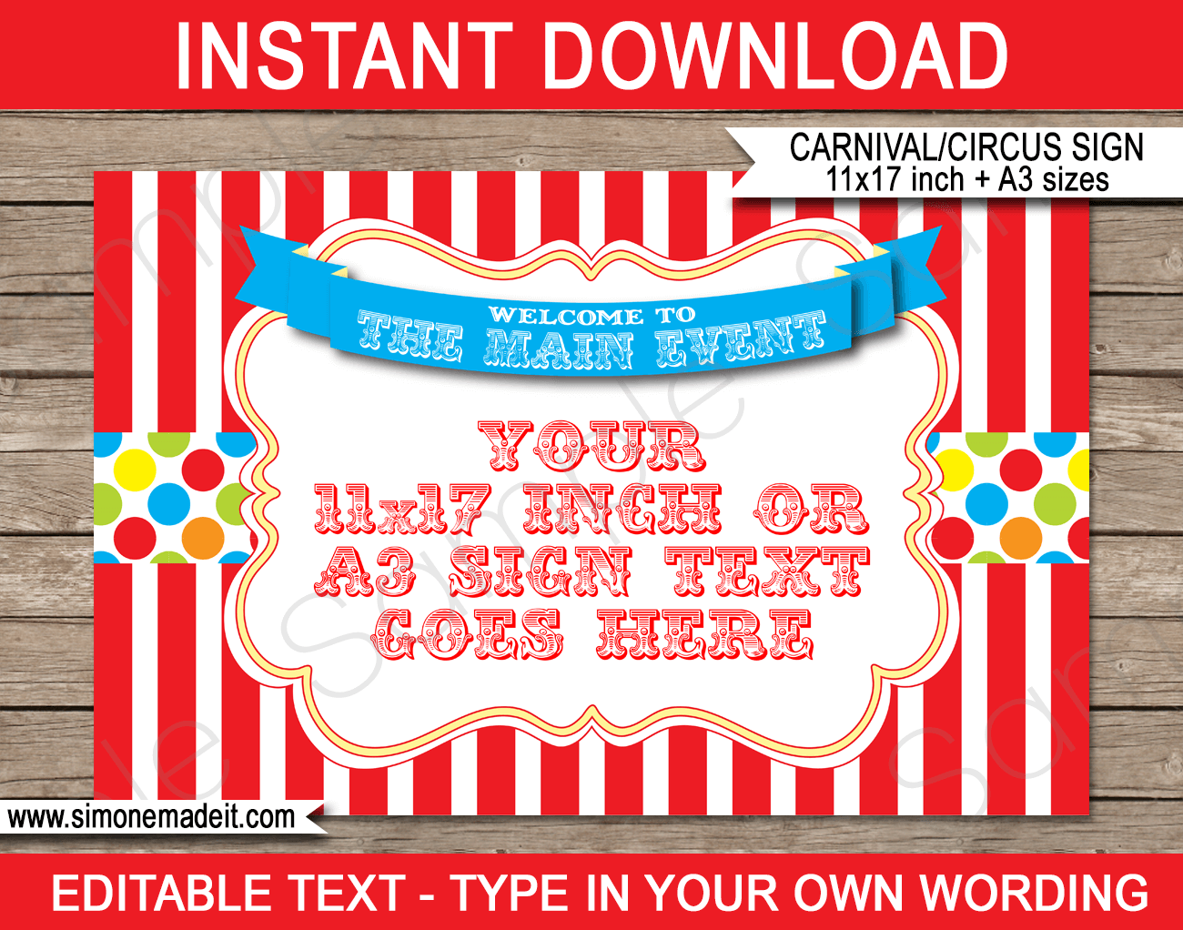 Printable Carnival Welcome Sign Template with Editable Text | Circus Theme Party Decorations | $4.00 Instant Download via SIMONEmadeit.com