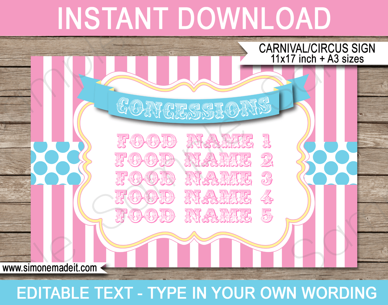 Printable Carnival Birthday Concessions Signs | Editable Text DIY Template | Circus Theme Party Decorations | $4.00 Instant Download via SIMONEmadeit.com