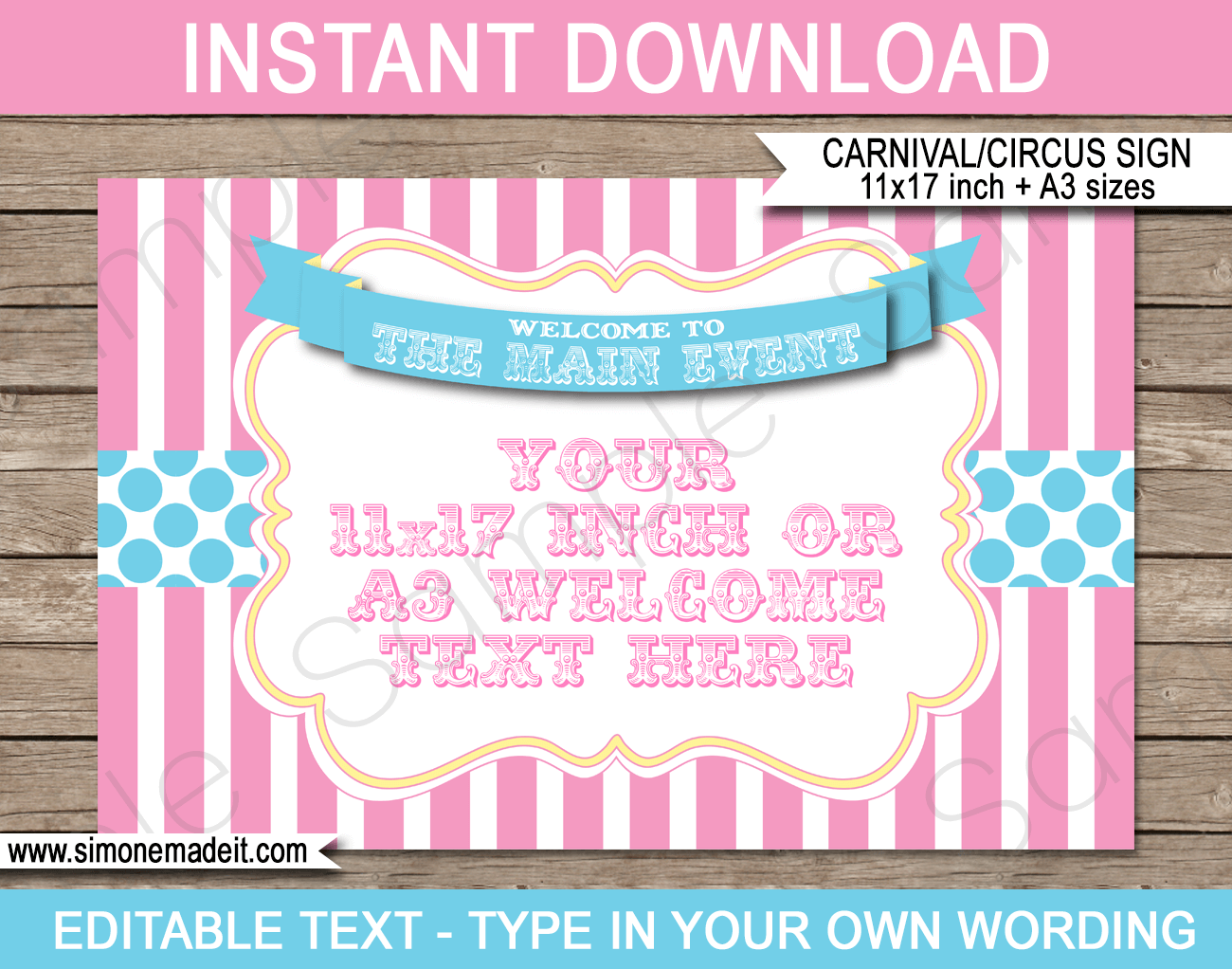 Printable Carnival Birthday Welcome Sign Template with Editable Text | Carnival Theme Party Decorations | $4.00 Instant Download via SIMONEmadeit.com