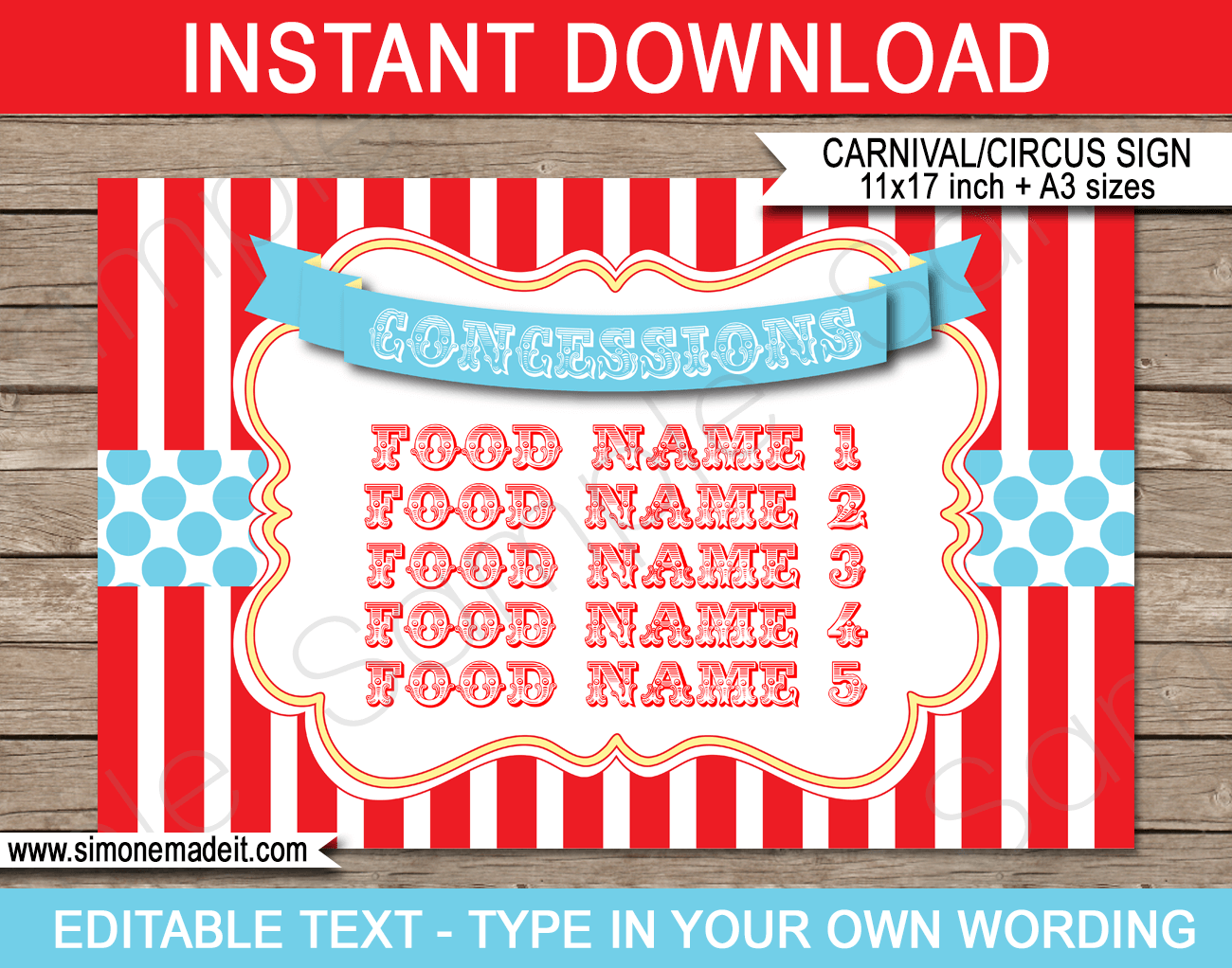 Printable Circus Concessions Signs | Editable Text DIY Template | Carnival Theme Party Decorations | $4.00 Instant Download via SIMONEmadeit.com