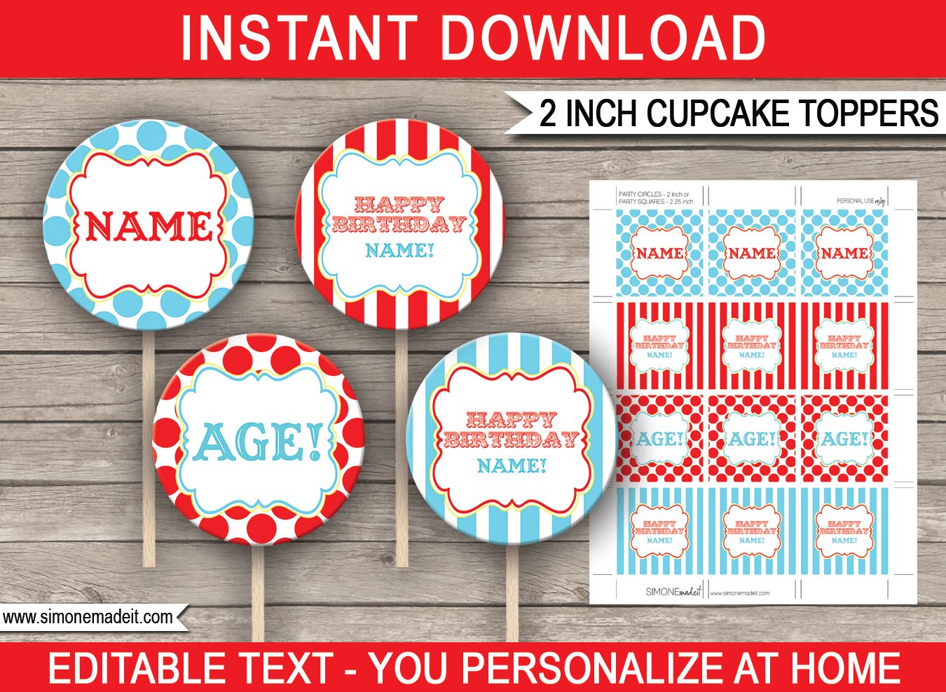 Printable Circus Cupcake Toppers Template | Circus or Carnival Theme Decorations | 2 inch | Gift Tags | INSTANT DOWNLOAD via simonemadeit.com