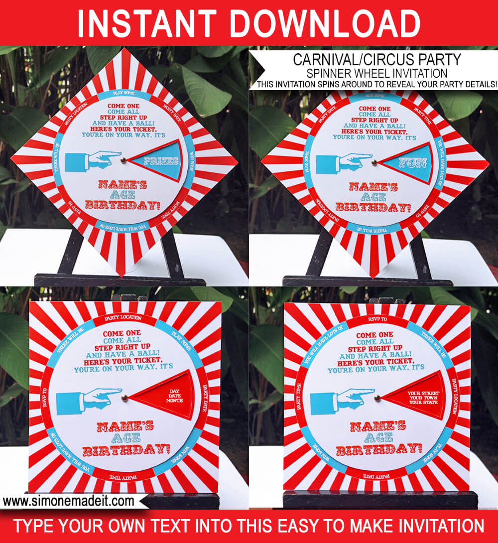 Printable Unique Circus Spinner Wheel Invitation Template | DIY Editable Birthday Party Invite | Carnival Theme | INSTANT DOWNLOAD $7.50 via SIMONEmadeit.com