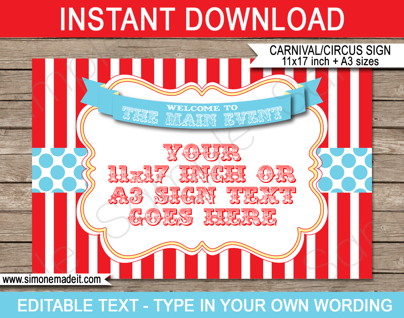 Printable Circus Welcome Sign Template with Editable Text | Carnival Theme Party Decorations | $4.00 Instant Download via SIMONEmadeit.com