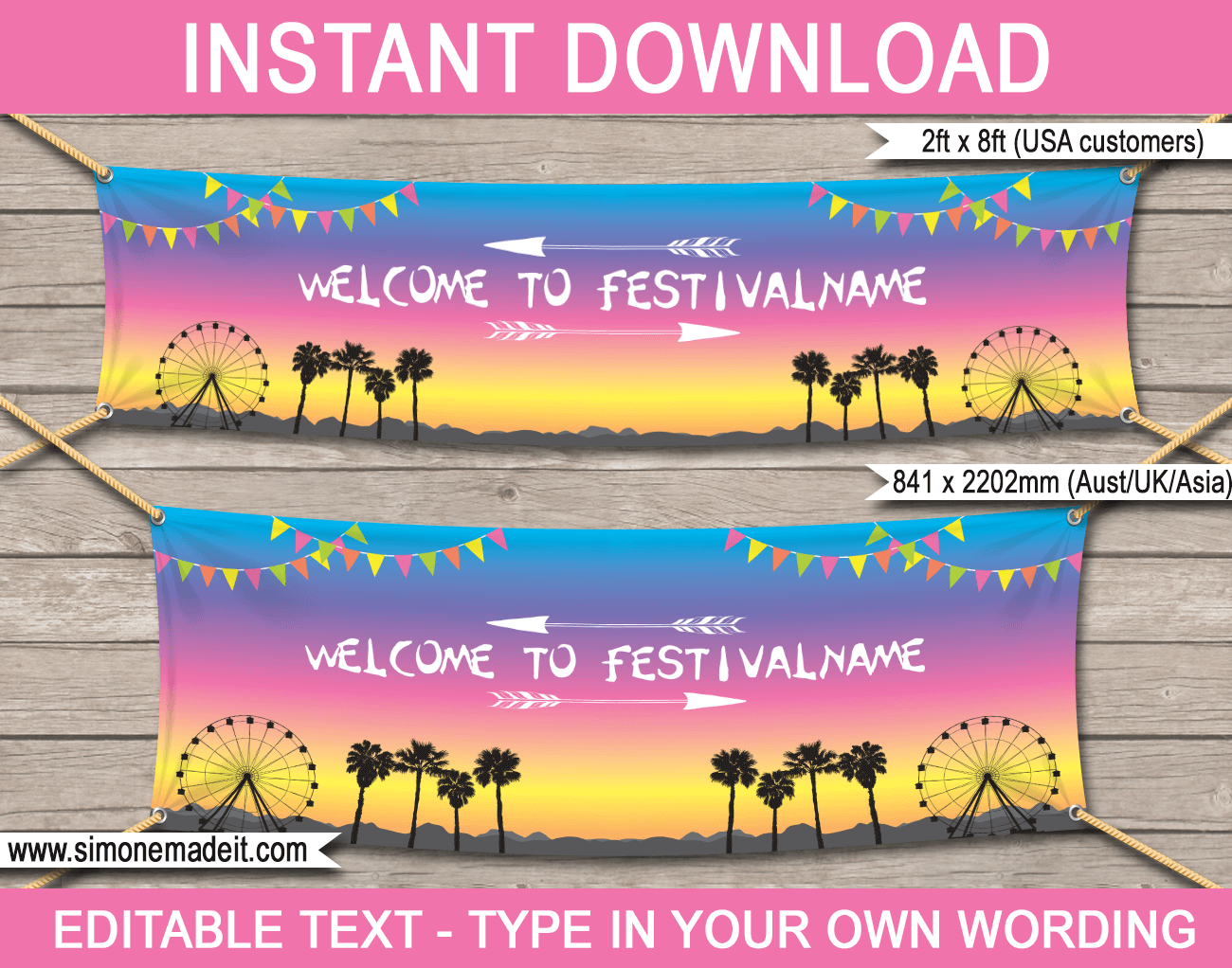 Printable Coachella Party Welcome Banner | Large Size | Outdoor Sign | Festival Party Decorations | Birthday Party Theme | Kidchella, Festival, Fete, Gala, Fair, Carnival | Editable DIY Template | INSTANT DOWNLOAD via SIMONEmadeit.com