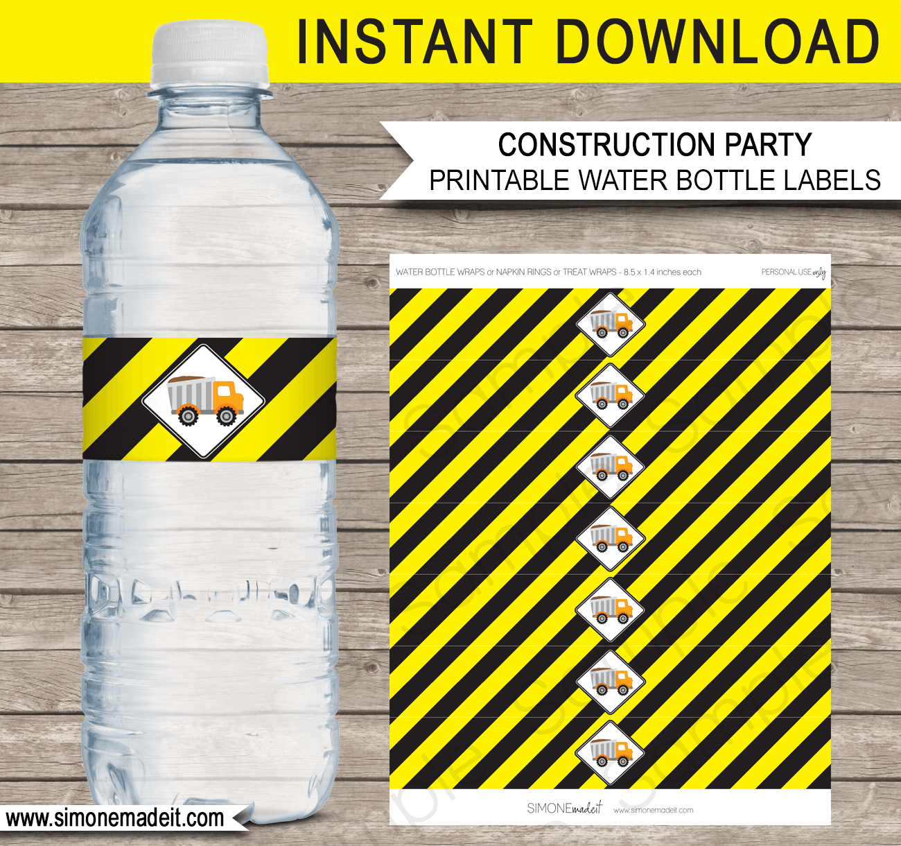 Construction Party Water Bottle Labels or Wrapper | Construction Birthday Party Theme Decorations | DIY Printable Template | INSTANT DOWNLOAD via simonemadeit.com