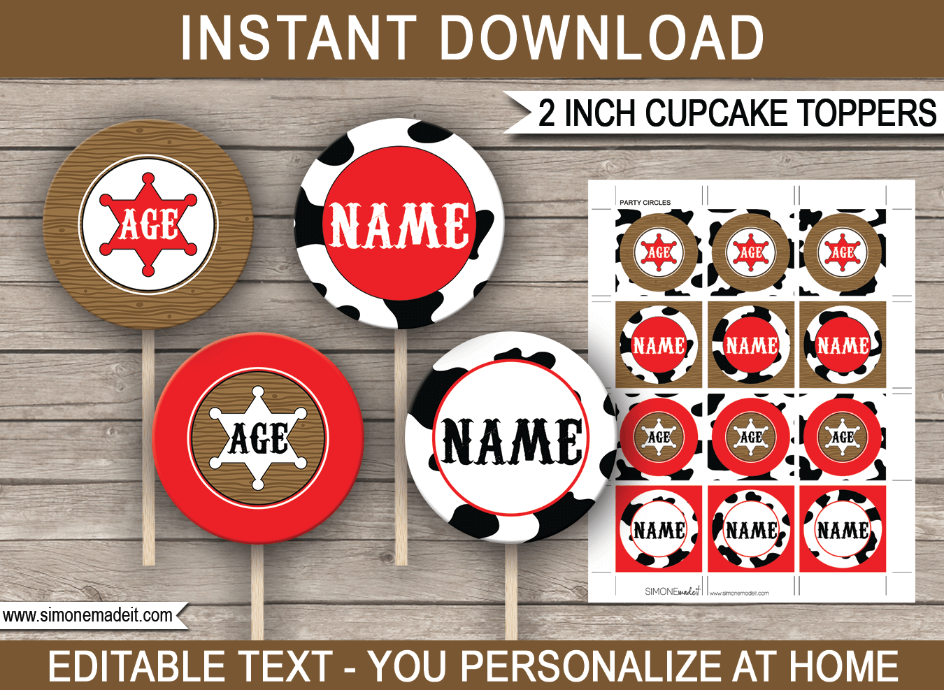 Printable Cowboy Cupcake Toppers | 2 inch | Gift Tags | DIY Editable & Printable Template | INSTANT DOWNLOAD via simonemadeit.com