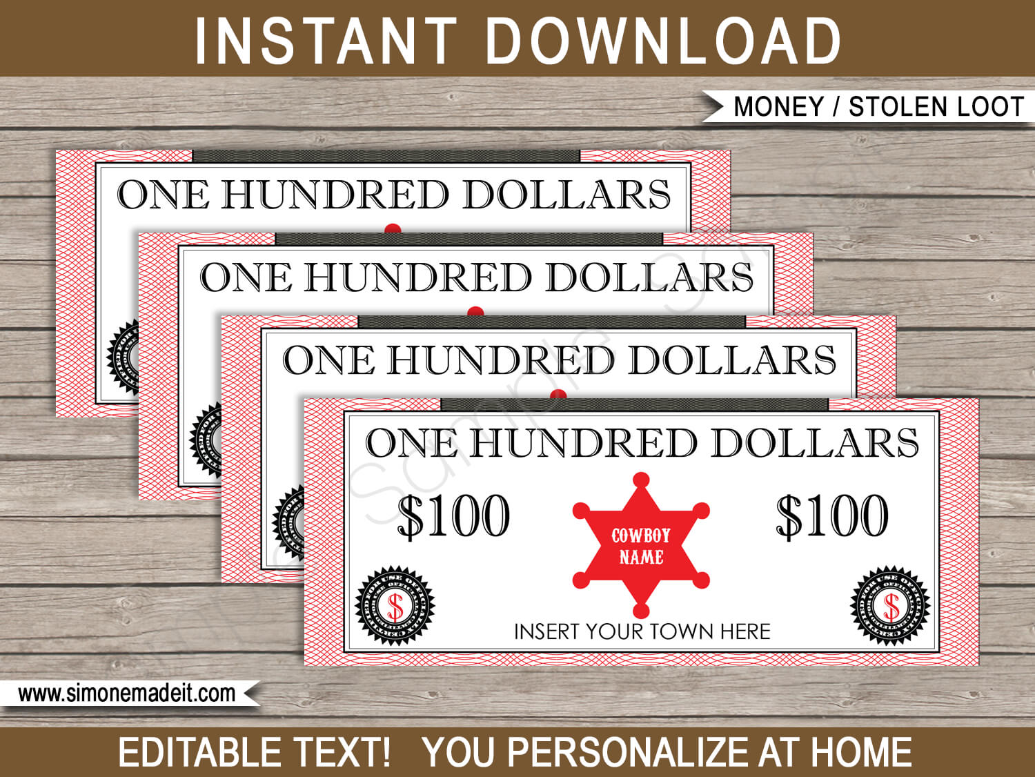 Printable Cowboy Stolen Loot | Play Money Bucks | Sheriff Badges | Printable Party Games | Cowboy Themed Birthday Party | Editable DIY Template | Instant Download via SIMONEmadeit.com