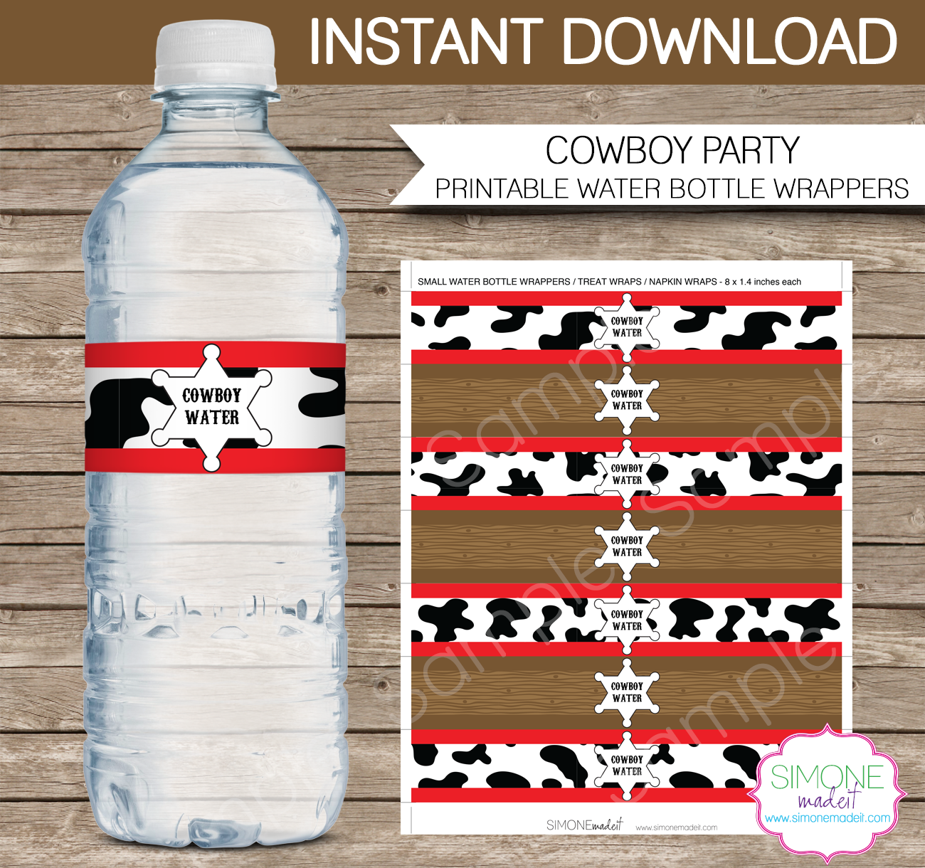 Printable Cowboy Water Bottle Labels Template | Cowboy Theme Birthday Party Template | Napkin Wraps | Treat Wraps | DIY Editable | INSTANT DOWNLOAD via simonemadeit.com