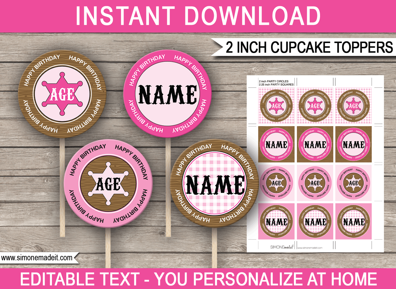 Printable Cowgirl Cupcake Toppers | 2 inch | Gift Tags | DIY Editable & Printable Template | INSTANT DOWNLOAD via simonemadeit.com