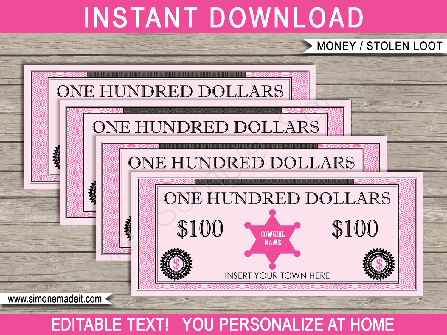 Printable Cowgirl Stolen Loot | Pretend Play Money Bucks Bank Notes | Sheriff Badges | Printable Party Games | Cowgirl Themed Birthday Party | Editable DIY Template | Instant Download via SIMONEmadeit.com