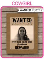 Printable Cowgirl Wanted Poster Template | DIY Cowgirl Birthday Party Decorations | Instant Download via simonemadeit.com #wantedposter