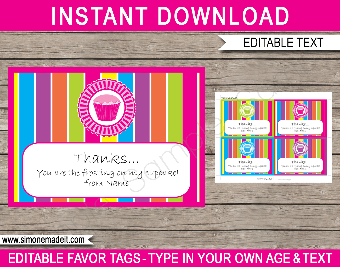 Cupcake Party Favor Tags | Thank You Tags | Birthday Party Favors | Editable DIY Template | $3.00 INSTANT DOWNLOAD via SIMONEmadeit.com