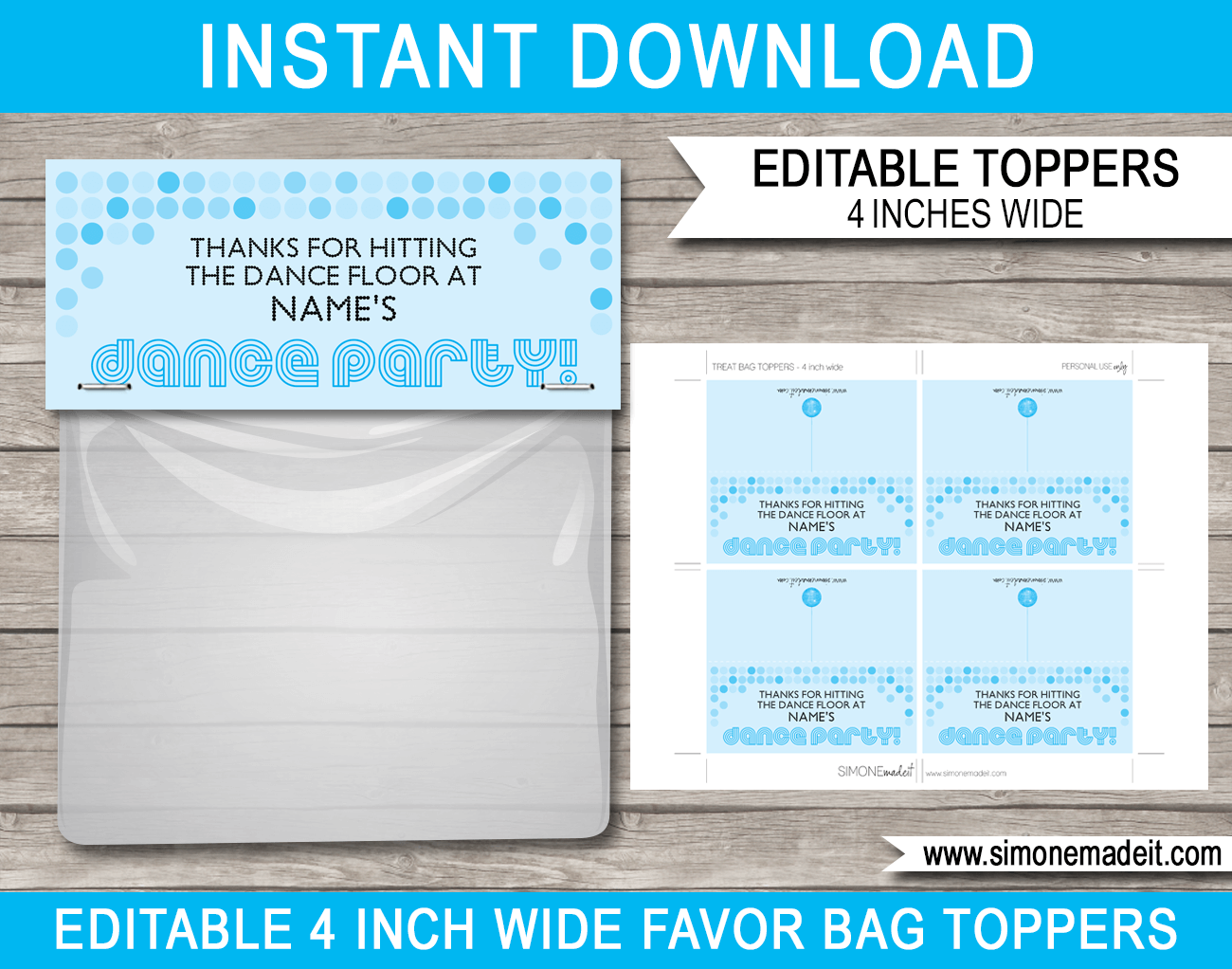 Blue Printable Dance Party Favor Bag Toppers | Birthday Party | Editable DIY Template | $3.00 INSTANT DOWNLOAD via SIMONEmadeit.com