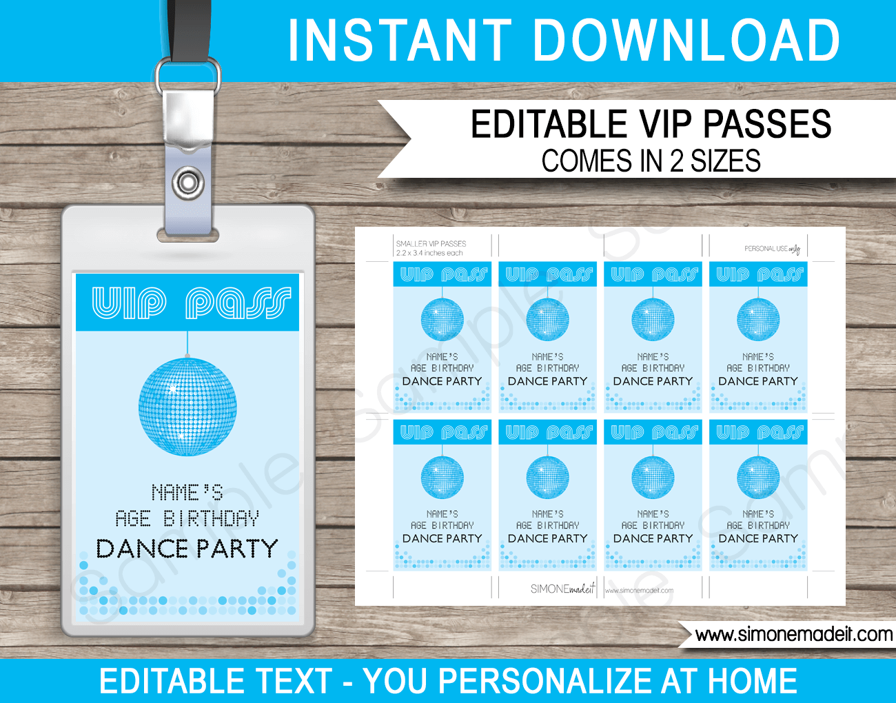 Printable Blue Dance Disco Birthday VIP Passes Template with Editable Text | Birthday Party Theme | $3.50 INSTANT DOWNLOAD via SIMONEmadeit.com