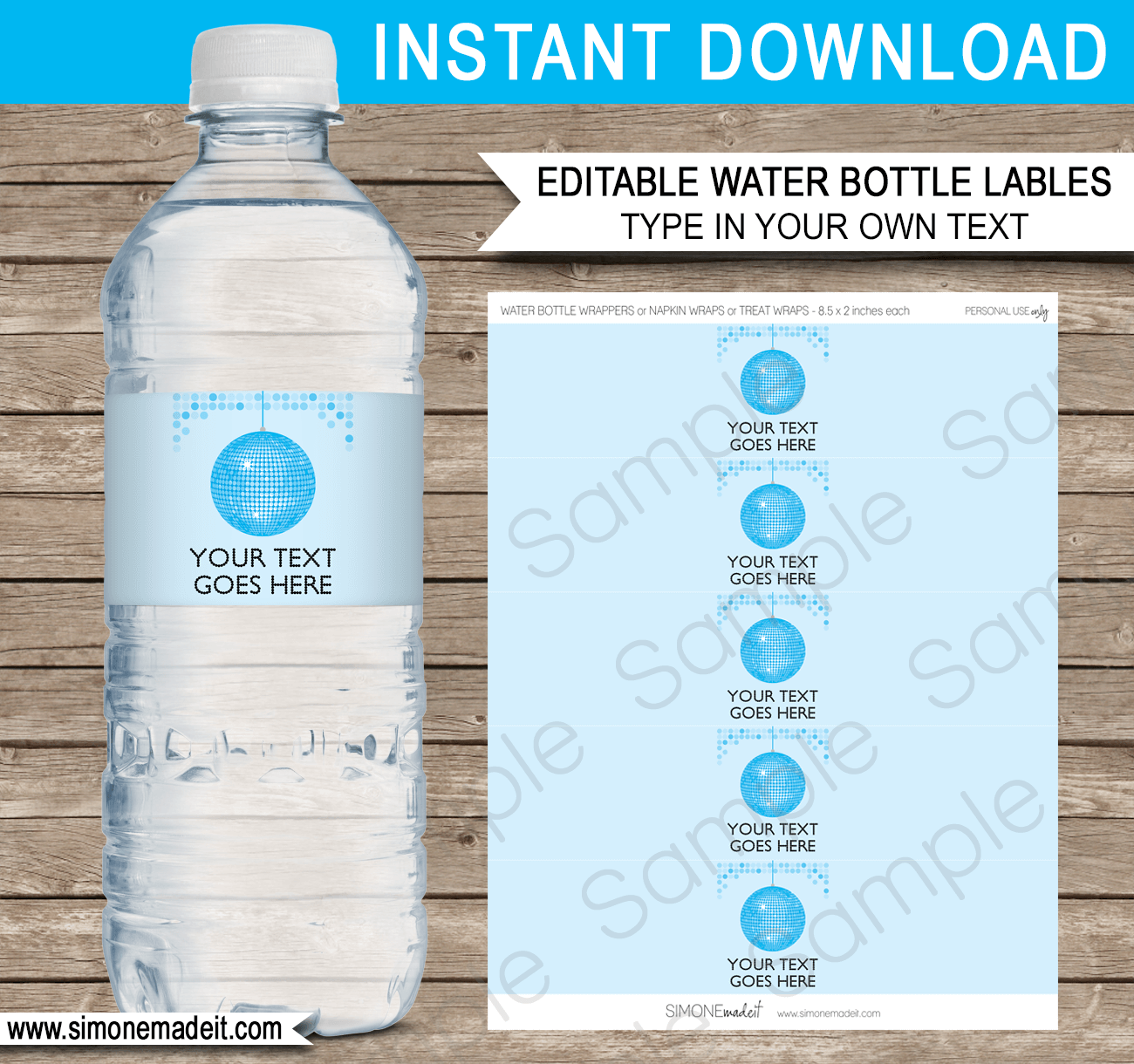 Blue Disco Water Bottle Labels | Editable Template | INSTANT DOWNLOAD $3.00 via simonemadeit.com