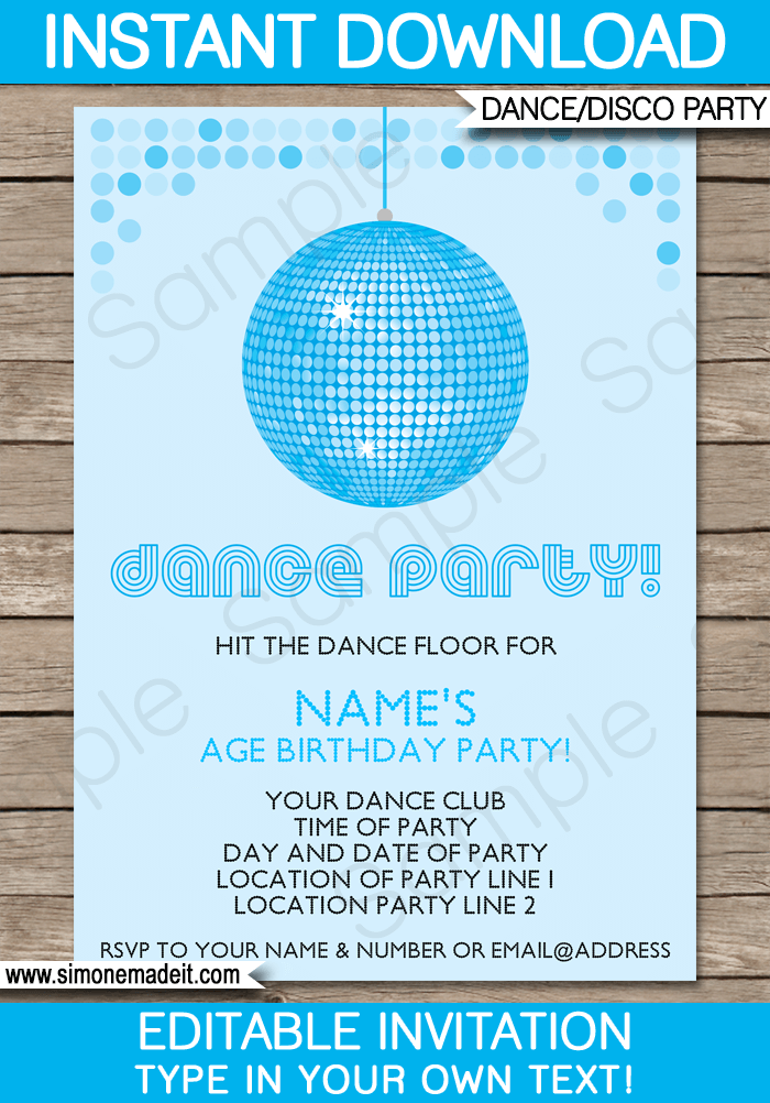 Printable Blue Dance Party Invites | Disco Party Invitations | Disco Ball | Birthday Party | Editable DIY Theme Template | INSTANT DOWNLOAD $7.50 via SIMONEmadeit.com