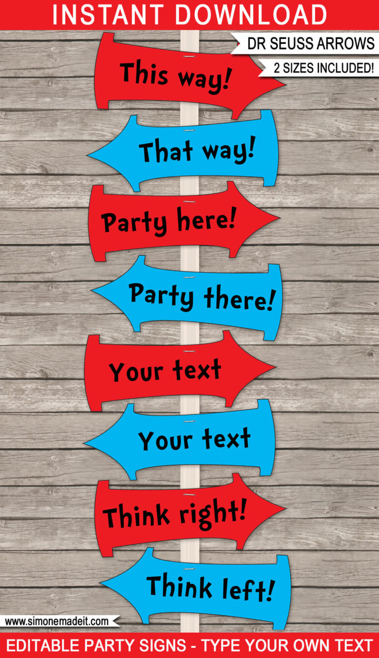 Printable Dr Seuss Arrow Signs Templates Birthday Party Cat in the Hat