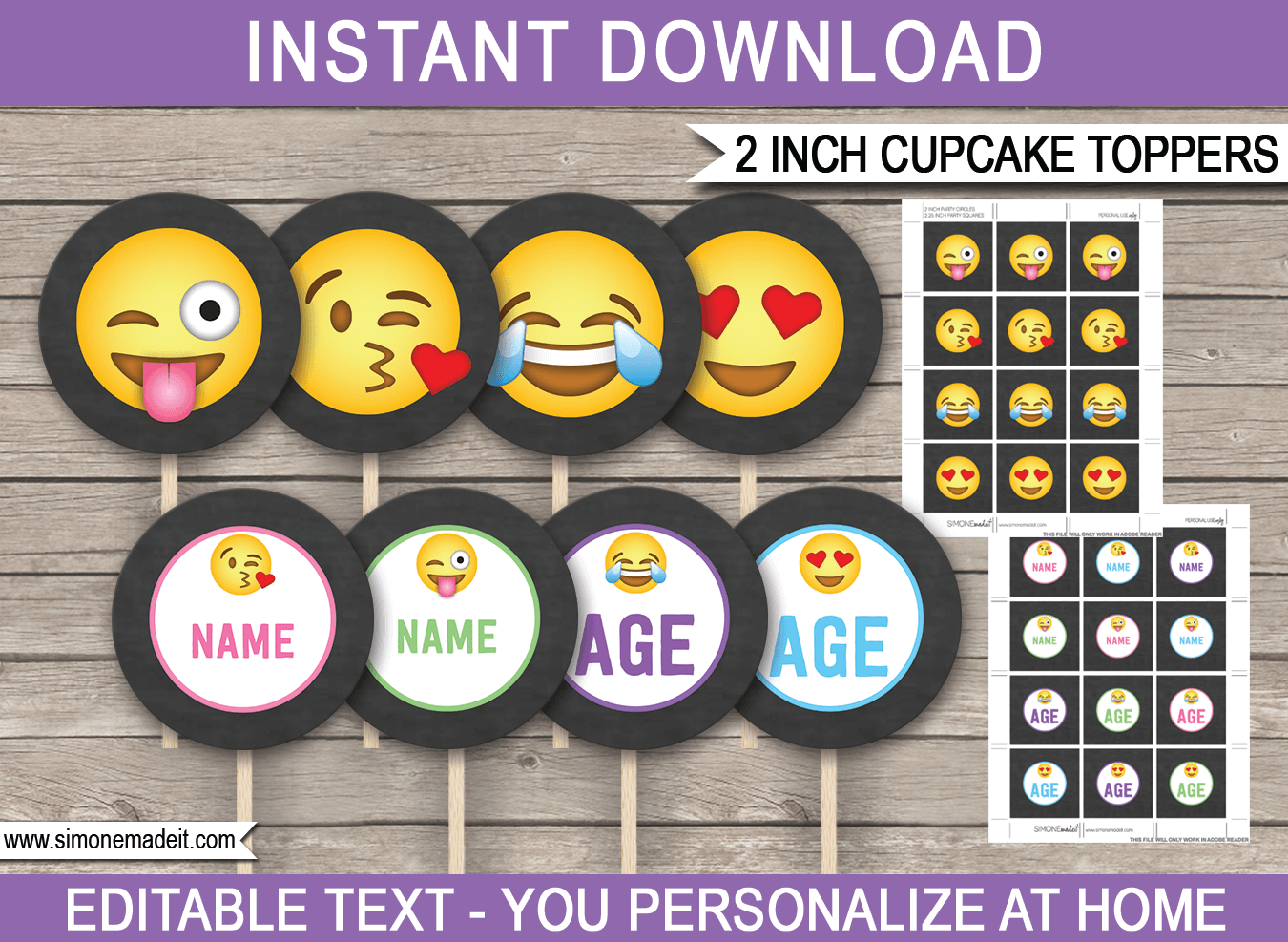 Printable Emoji Cupcake Toppers Template | Emoji Birthday Party Theme for girls | 2 inch | Gift Tags | DIY Editable & Printable Template | INSTANT DOWNLOAD via simonemadeit.com