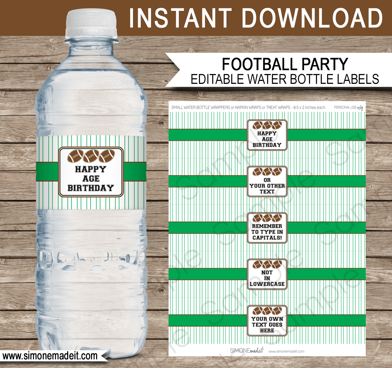 Printable Football Party Water Bottle Labels Template | Tailgate, Superbowl, End of Year Team, Birthday Party Decorations | DIY Editable Text | $3.00 INSTANT DOWNLOAD via SIMONEmadeit.com
