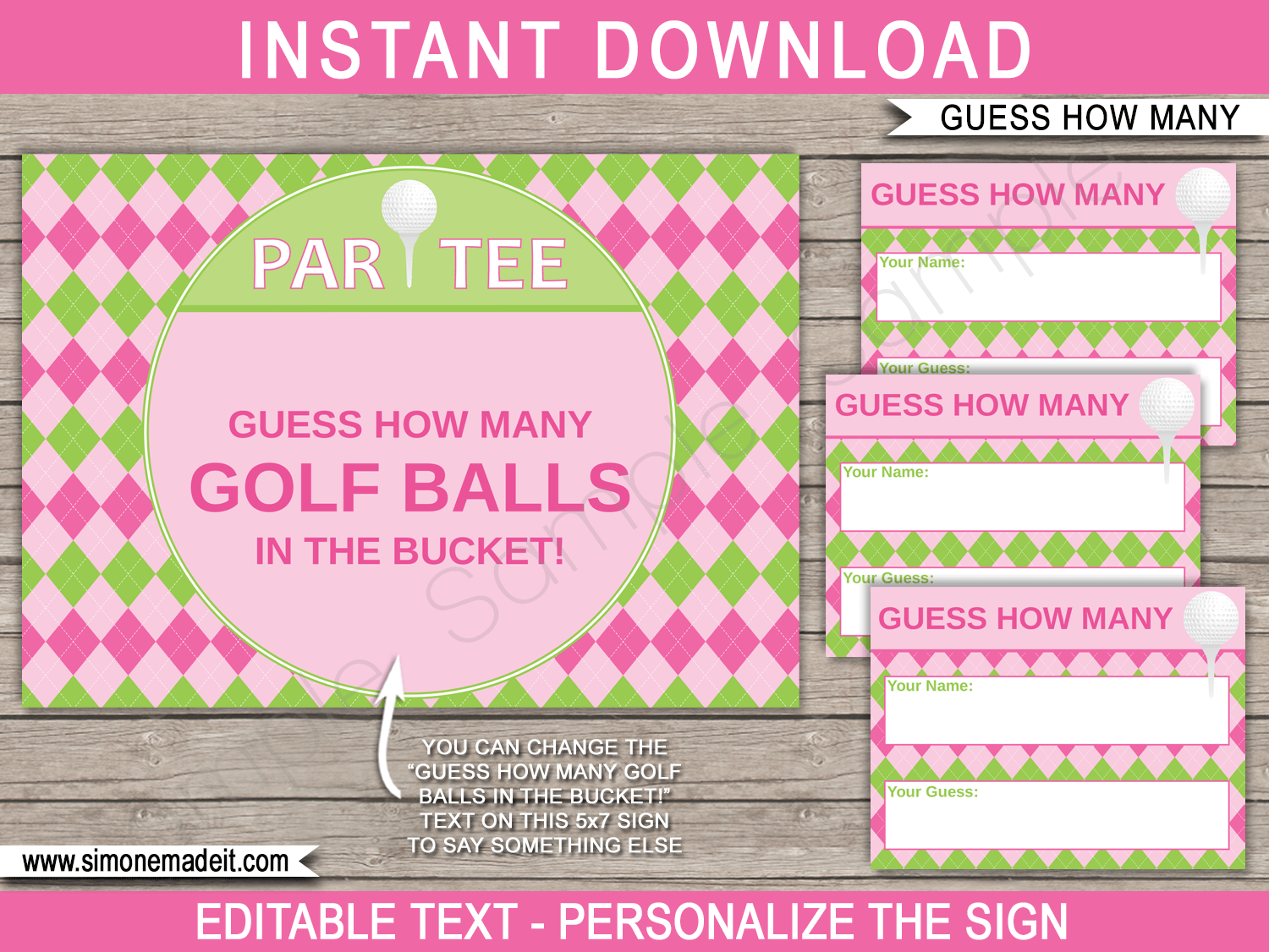 Golf Guess How Many Game Template Pink Green Simonemadeit Parties