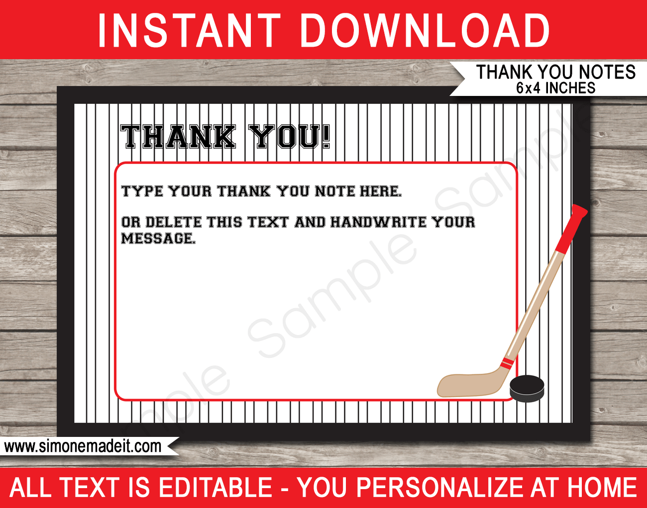Printable Hockey Party Thank You Note Cards - Favor Tags - Hockey Birthday Party theme - Editable Template - Instant Download via simonemadeit.com