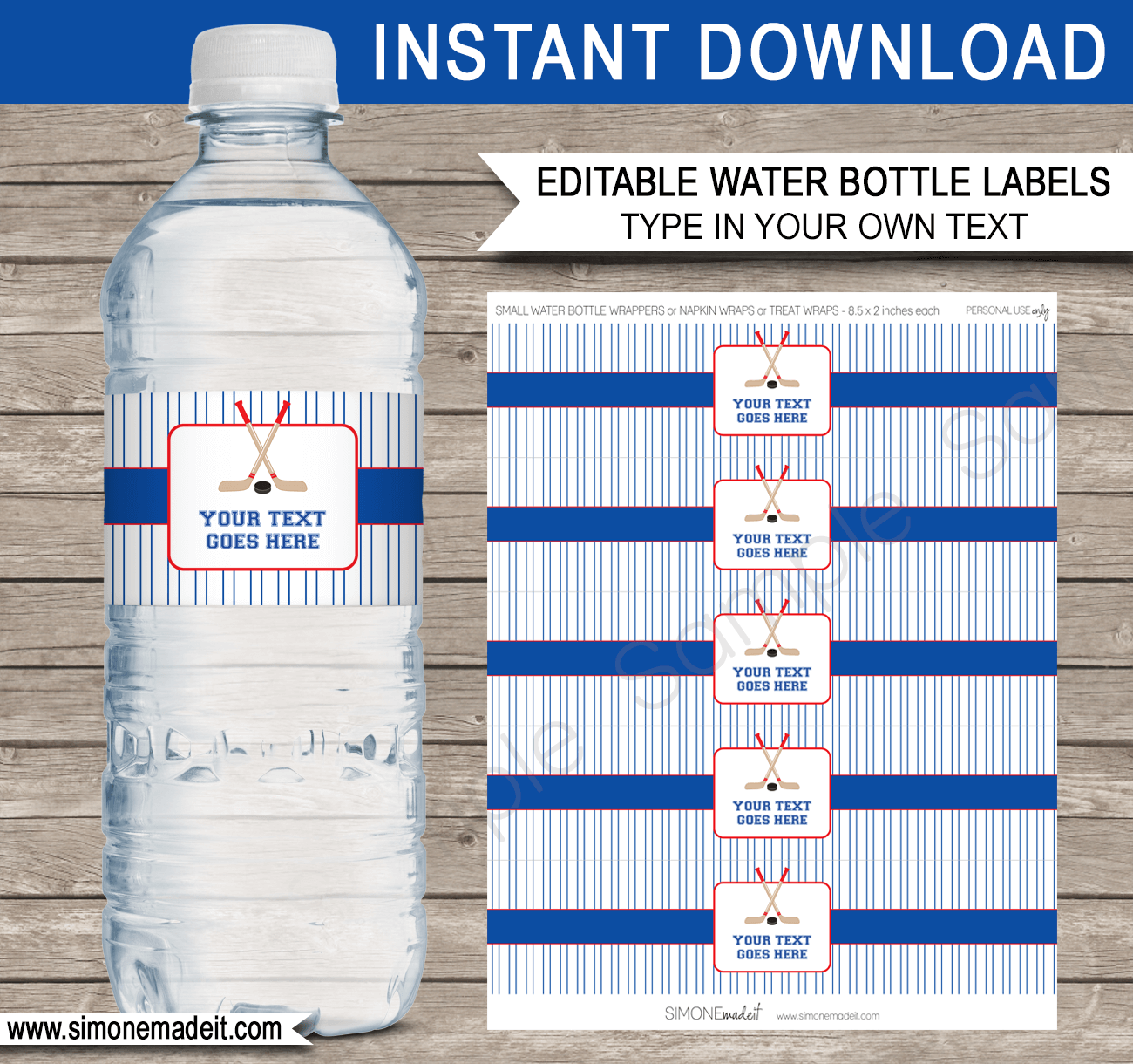 Printable Hockey Water Bottle Labels Template | Red and Blue | Birthday Party Decorations | Editable DIY Template | $3.00 INSTANT DOWNLOAD via SIMONEmadeit.com