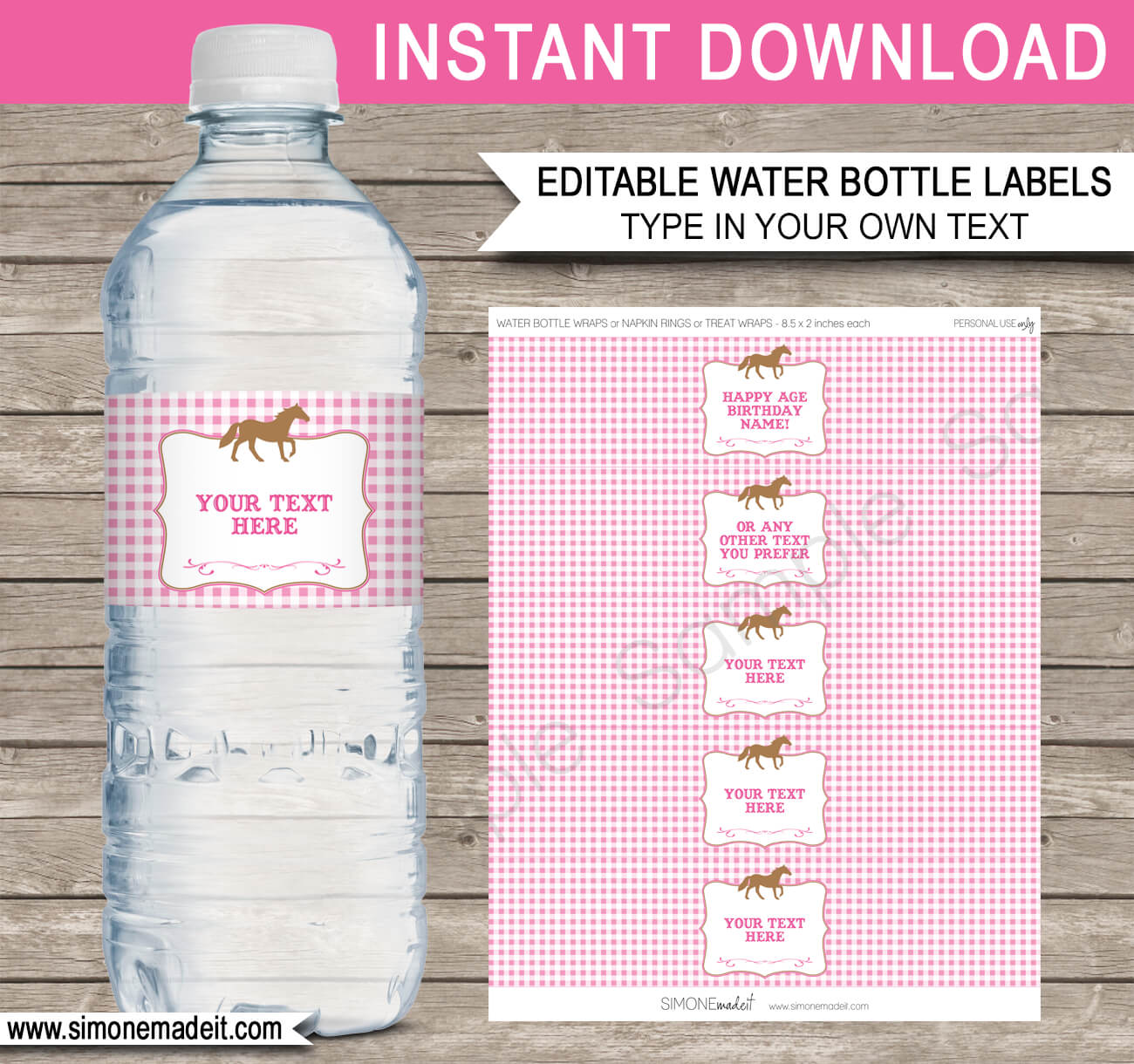 Printable Horse Party Water Bottle Labels Template | Pony Birthday Party | DIY Editable Text | $3.00 INSTANT DOWNLOAD via SIMONEmadeit.com