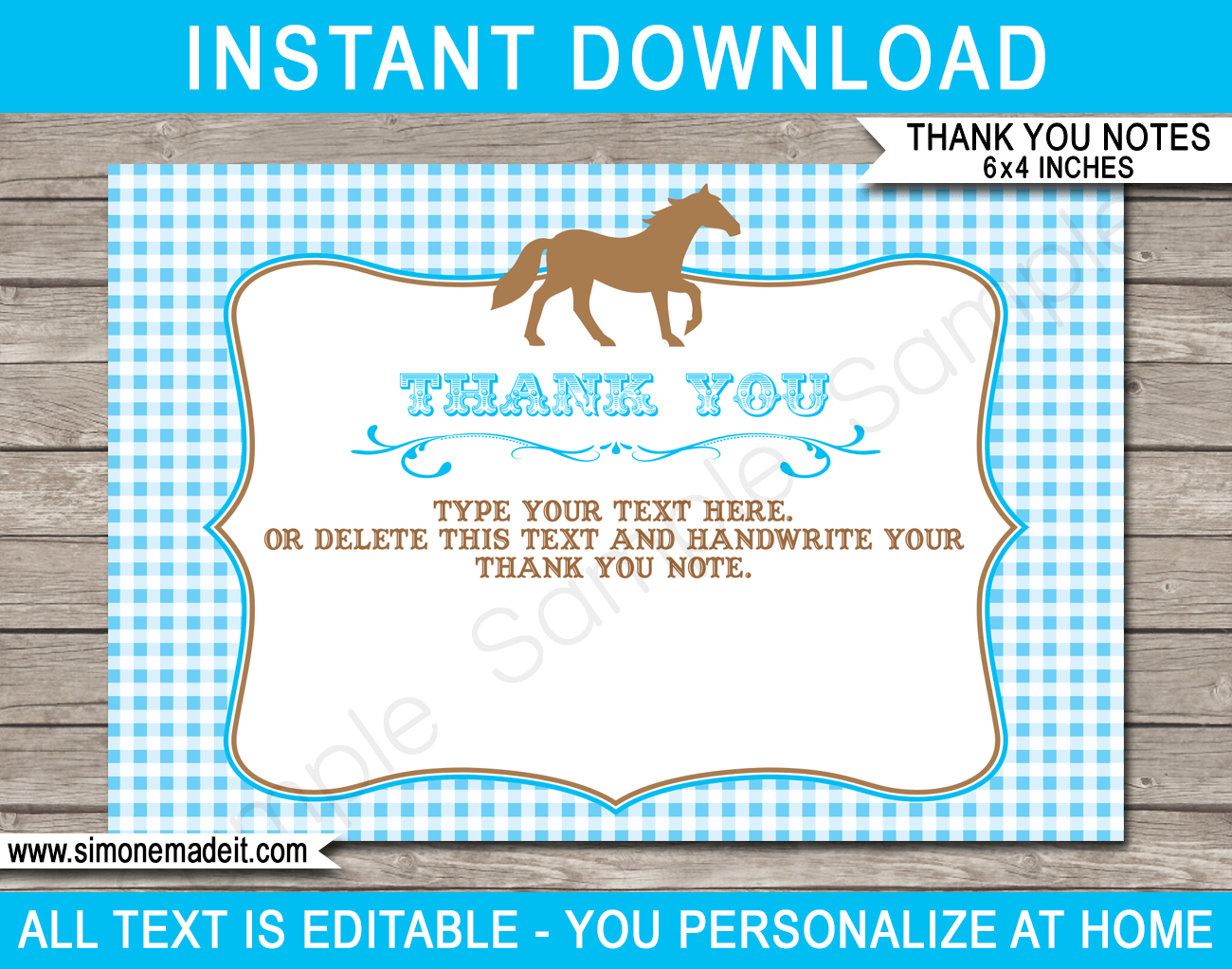 Printable Horse Birthday Thank You Cards Template - Favor Tags - Pony Birthday Party theme - Editable Text - Instant Download via simonemadeit.com