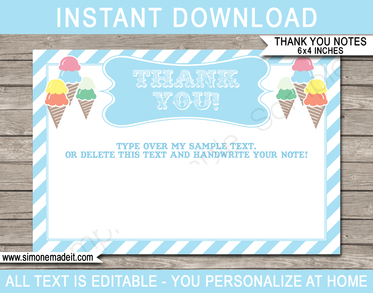 Printable Ice Cream Party Thank You Card Template - Favor Note Tags - Ice Cream Birthday Party theme - Editable Text - Instant Download via simonemadeit.com