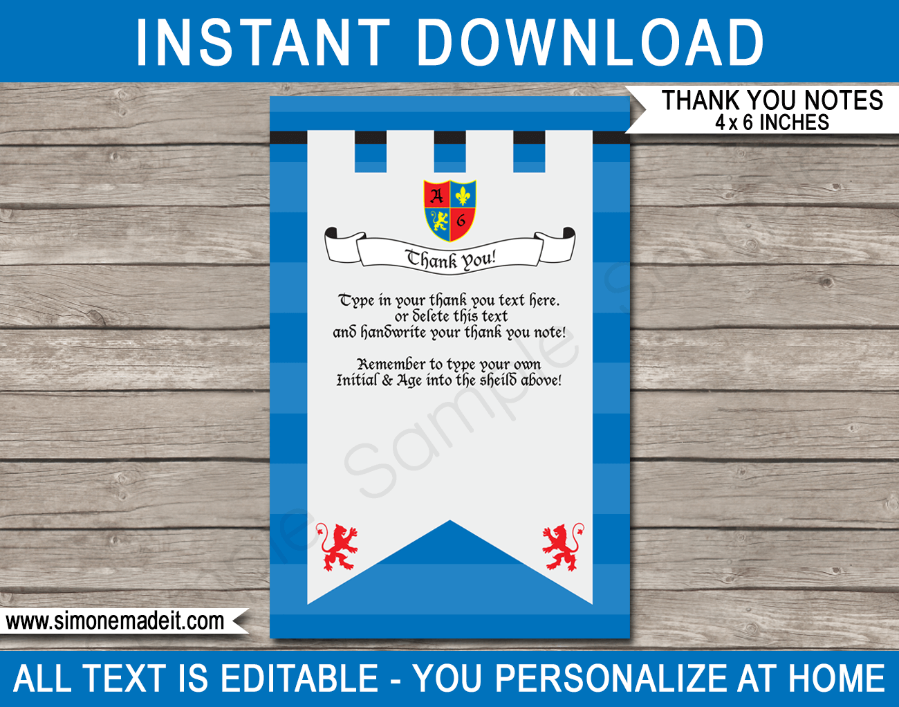 Printable Knight Party Thank You Card Template - Favor Note Tags - Medieval Knight Birthday Party theme - Editable Text - Instant Download via simonemadeit.com