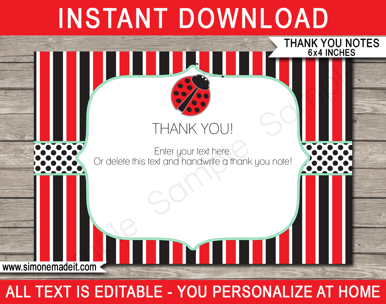Printable Ladybug Party Thank You Card Template - Favor Note Tags - Ladybird Birthday Party theme - Editable Text - Instant Download via simonemadeit.com