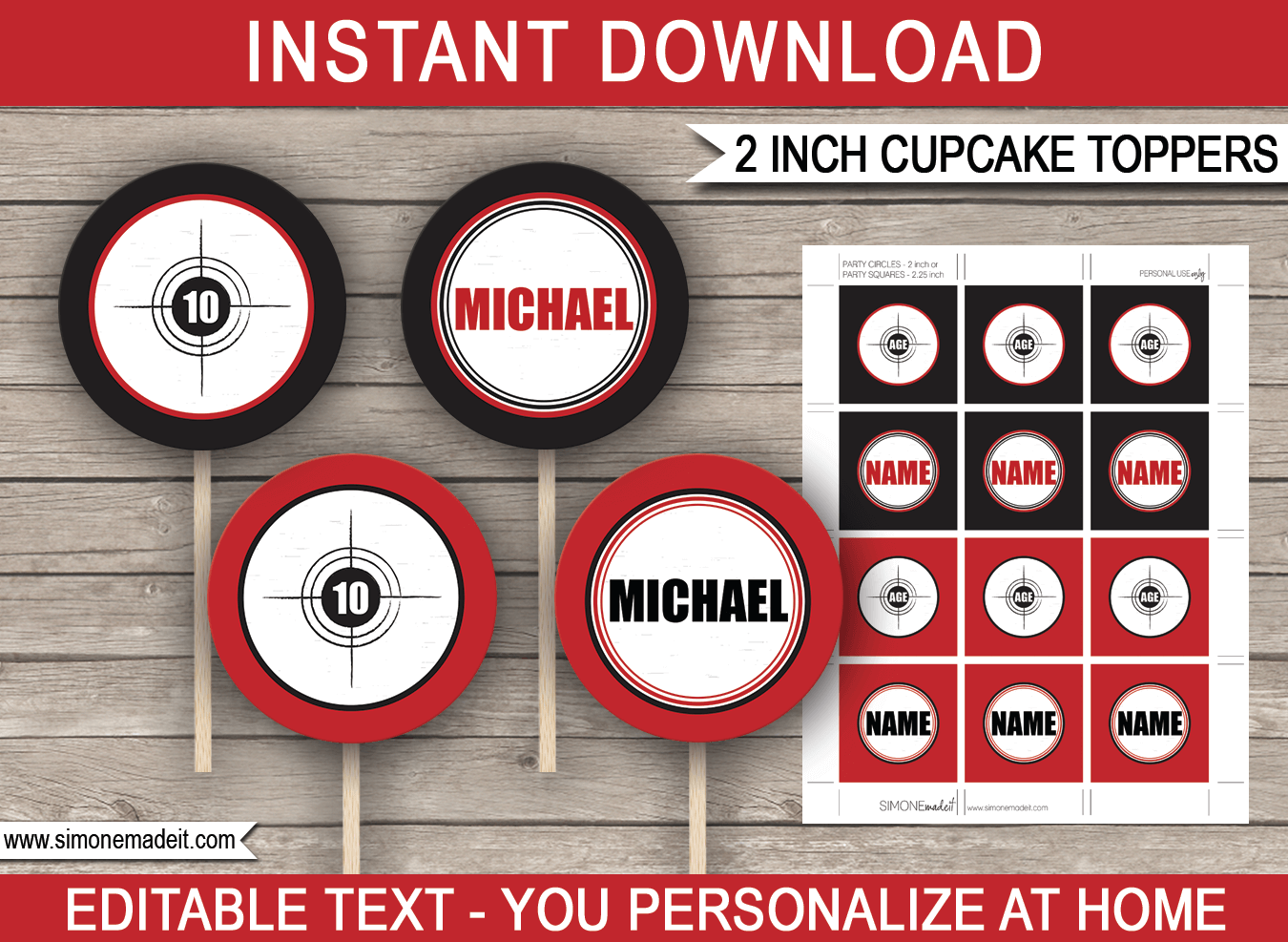 Printable Laser Tag Cupcake Toppers Template | Laser Tag Birthday Party Theme | 2 inch | Gift Tags | DIY Editable & Printable Template | INSTANT DOWNLOAD via simonemadeit.com
