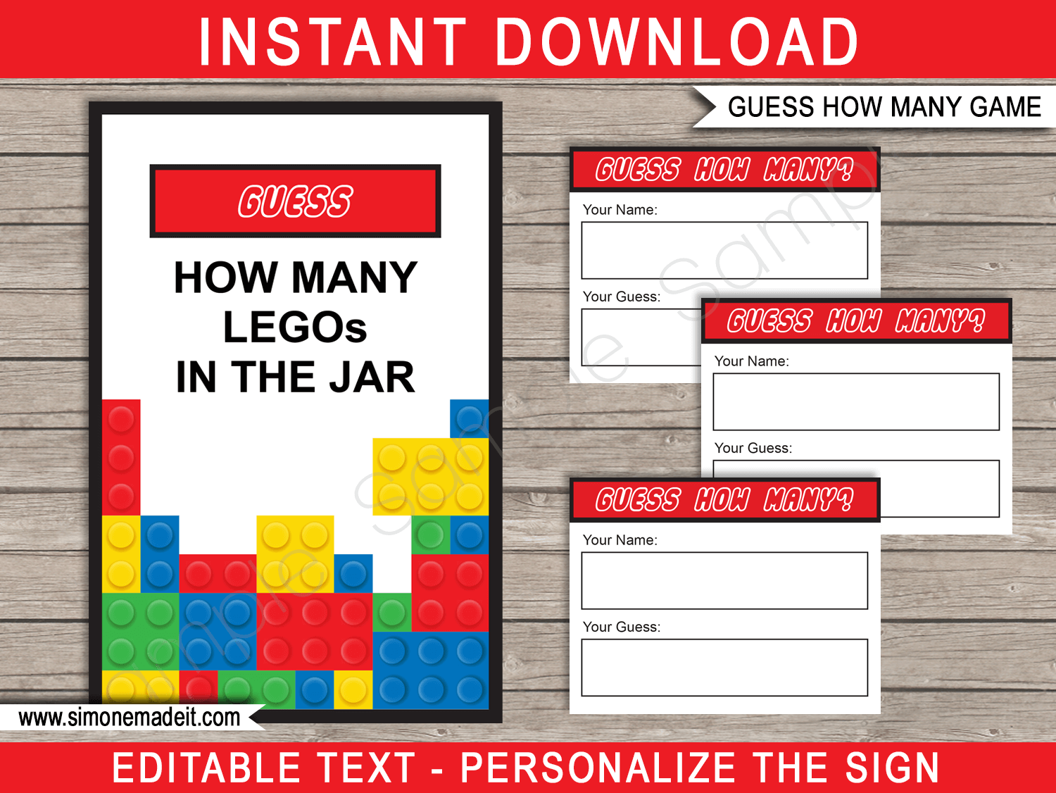 Printable Guess How Many Lego Party Game Template | Birthday Party Games | DIY Editable Text |  $3.00 INSTANT DOWNLOAD via simonemadeit.com