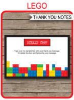 Printable Lego Thank You Cards Template - Lego Birthday Party theme - Editable Text - Instant Download via simonemadeit.com