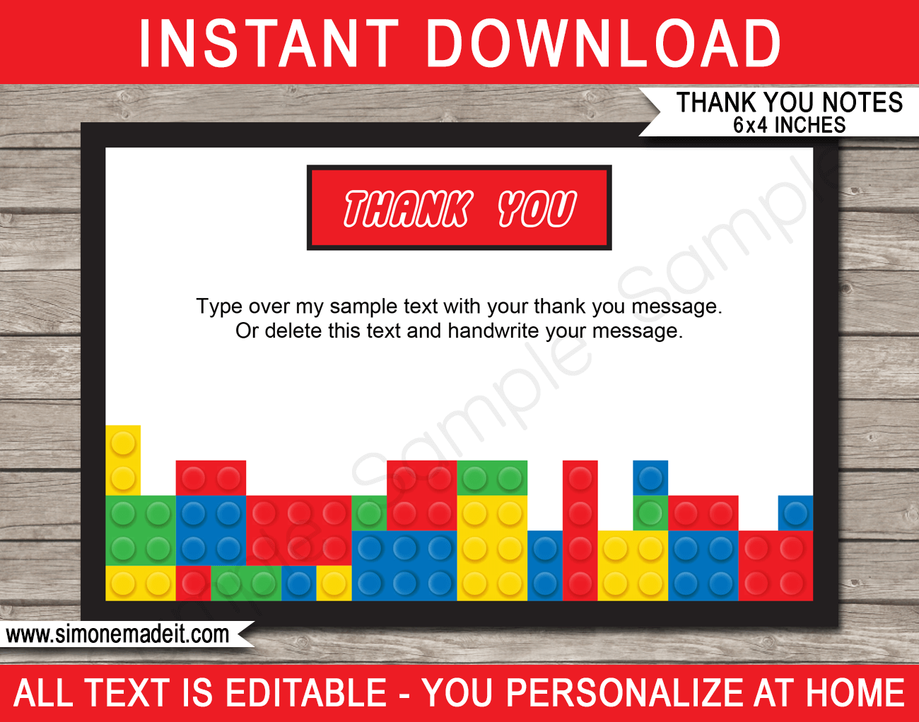 Printable Lego Thank You Cards Template - Lego Birthday Party theme - Editable Text - Instant Download via simonemadeit.com