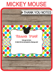 Printable Mickey Mouse Thank You Card Template - Favor Note Tags - Birthday Party theme - Editable Text - Instant Download via simonemadeit.com