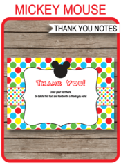 Printable Mickey Mouse Thank You Card Template - Favor Note Tags - Birthday Party theme - Editable Text - Instant Download via simonemadeit.com