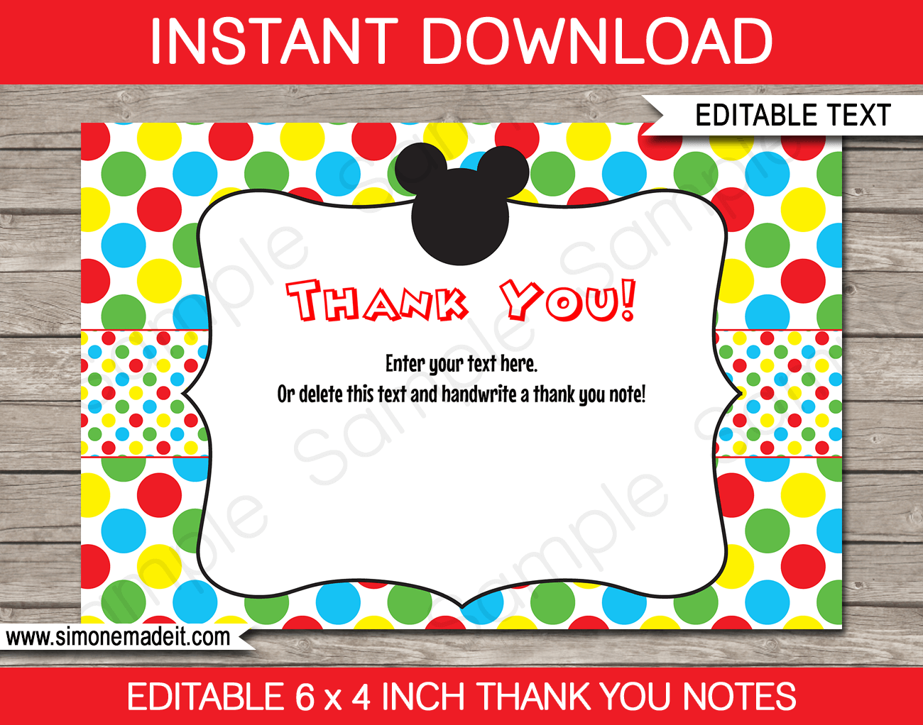 Printable Mickey Mouse Thank You Card Template - Favor Note Tags - Birthday Party theme - Editable Text - Instant Download via simonemadeit.com