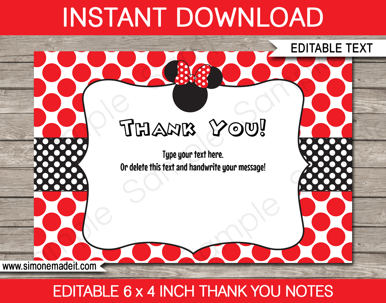 Red Printable Minnie Mouse Birthday Party Thank You Cards Template - with Editable Text - Instant Download via simonemadeit.com