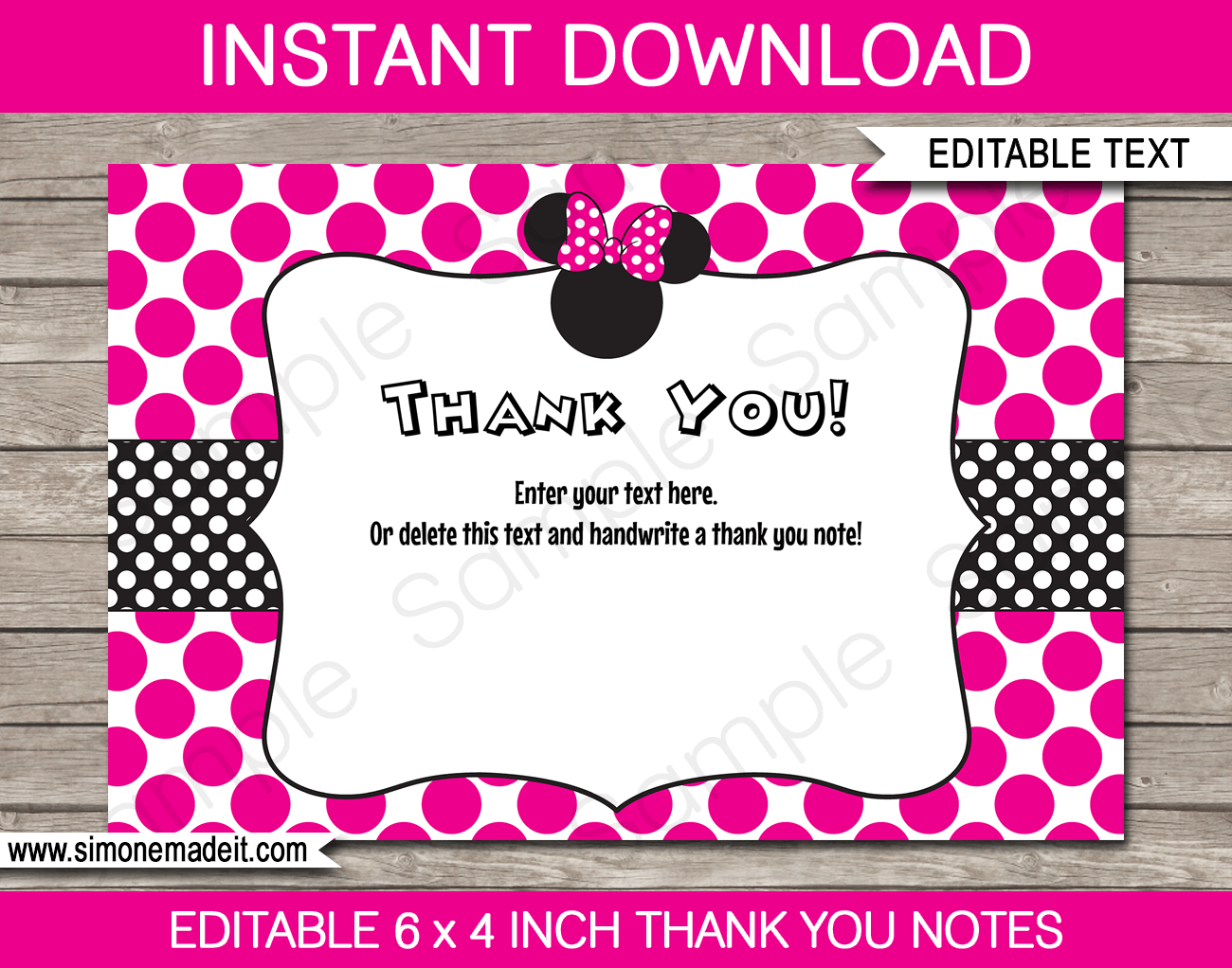 Pink Printable Minnie Mouse Thank You Cards Template - Birthday Party Theme - with Editable Text - Instant Download via simonemadeit.com