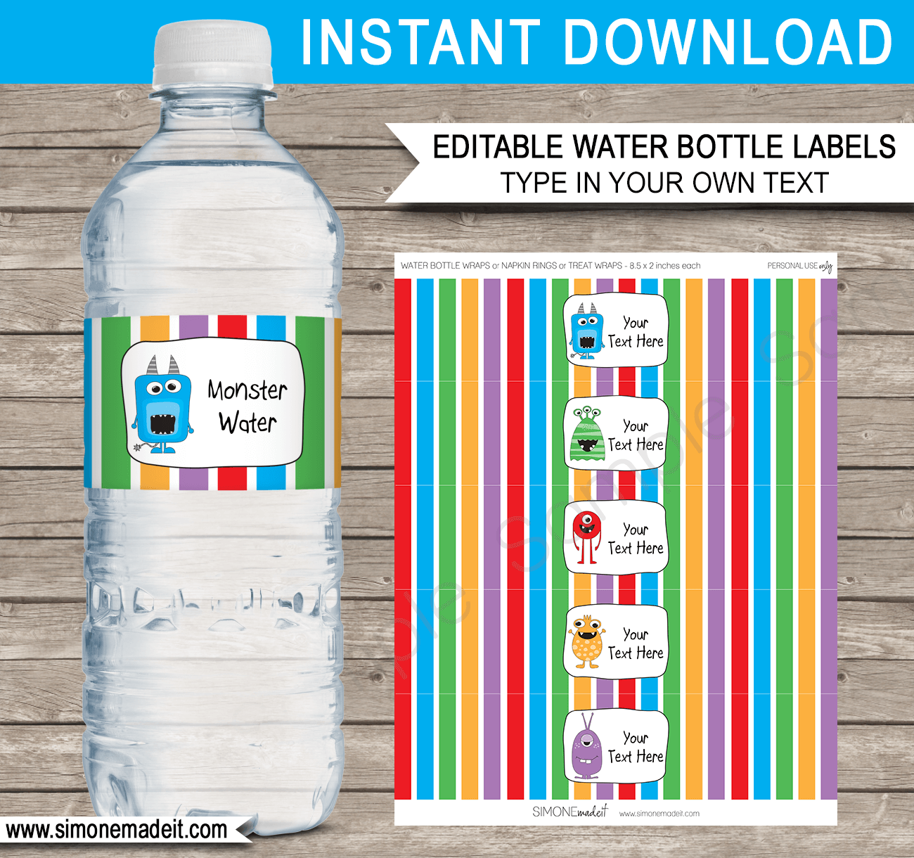 Monster Party Water Bottle Labels | Monster Bash Birthday Party | Editable DIY Template | $3.00 INSTANT DOWNLOAD via SIMONEmadeit.com
