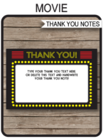 Printable Movie Thank You Cards Template - Movie Night Birthday Party theme - Editable Text - Instant Download via simonemadeit.com