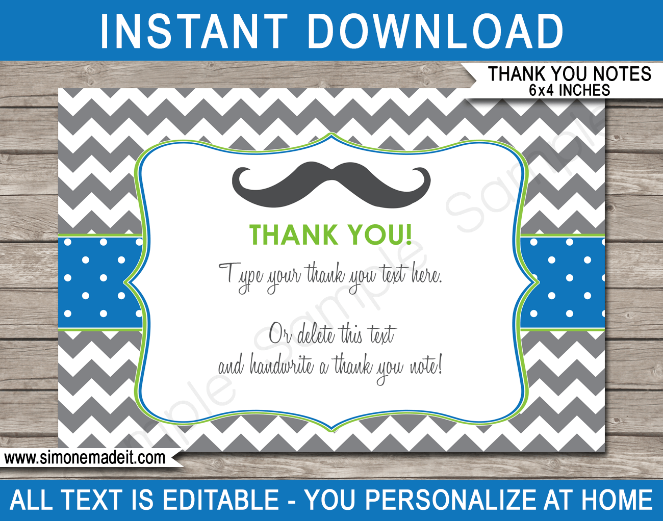 Printable Mustache Thank You Cards Template - Little Man Birthday Party theme - Editable Text - Instant Download via simonemadeit.com