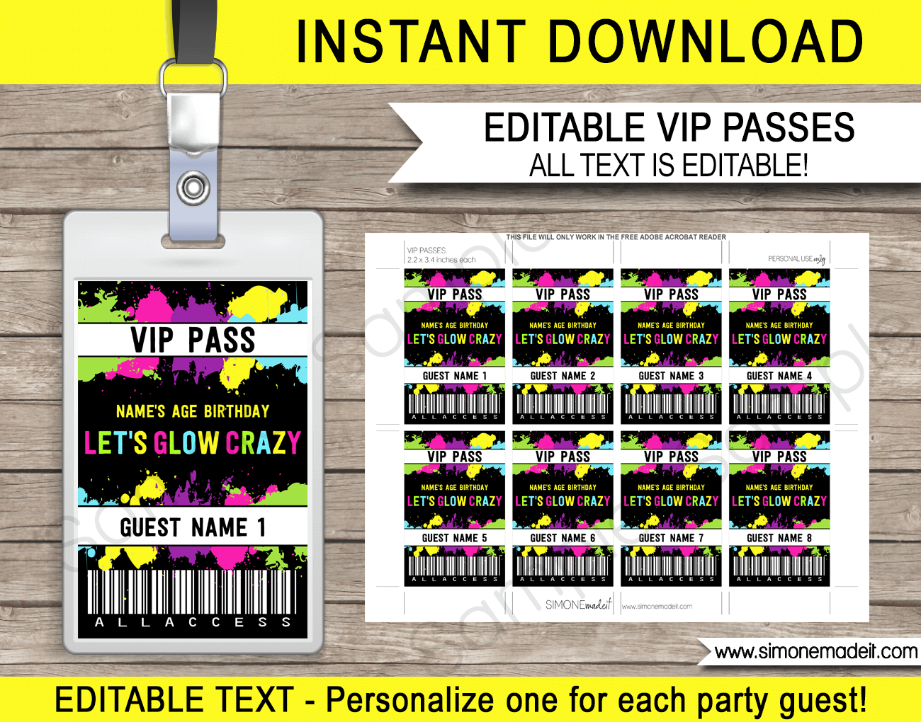 Let's Glow Crazy VIP Passes | Neon Glow Theme Birthday Party | Printable Template with editable text | INSTANT DOWNLOAD via simonemadeit.com
