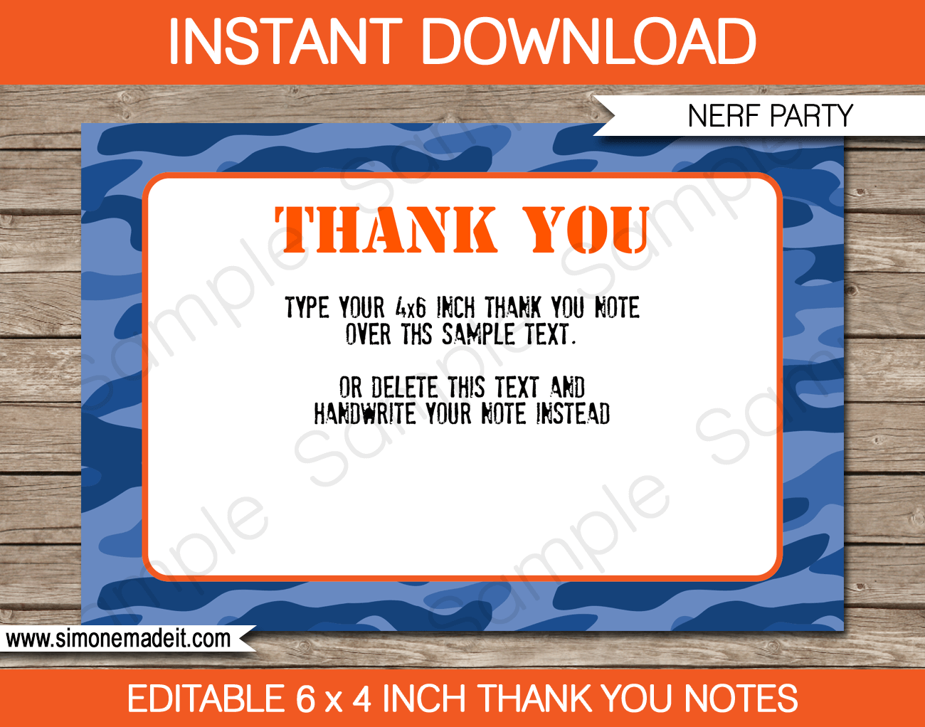 Printable Nerf Birthday Party Thank You Cards Template - Blue Camo - Nerf Wars Theme - Editable Template - Instant Download via simonemadeit.com