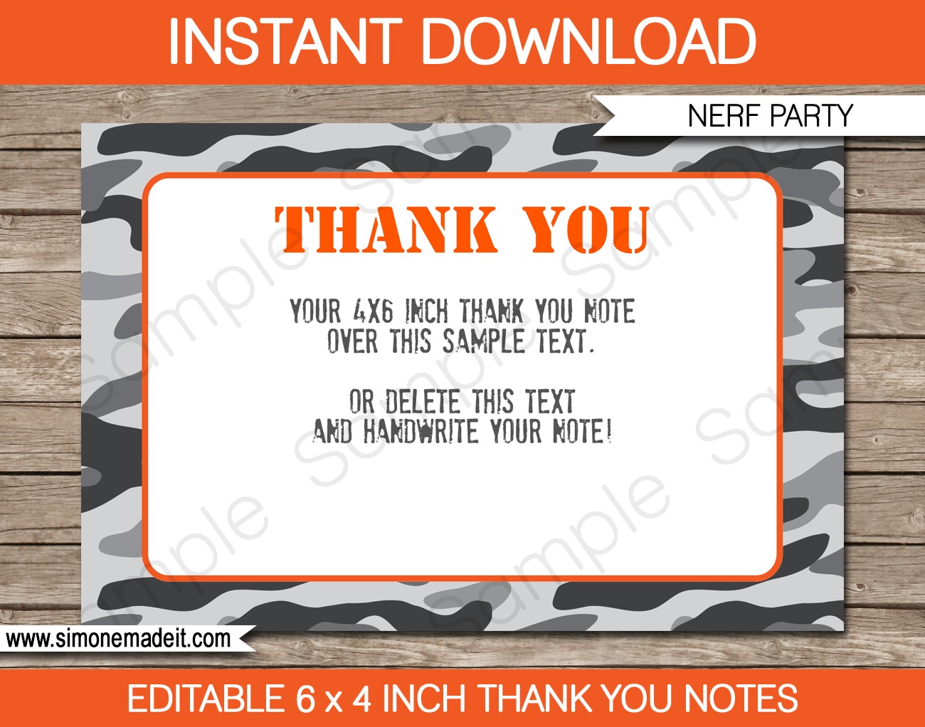 Printable Nerf Thank You Cards Template - Gray Camo - Nerf Wars Birthday Party Theme - Editable Template - Instant Download via simonemadeit.com