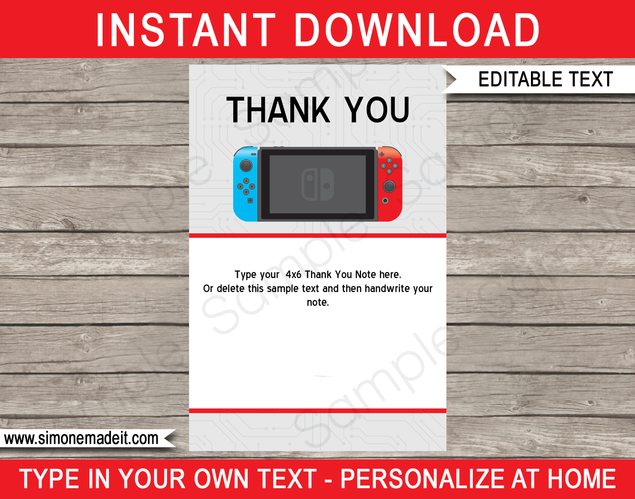 Printable Nintendo Switch Thank You Cards - Video Game Birthday Party theme - Editable Template - Instant Download via simonemadeit.com