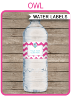Owl Party Water Bottle Labels template – pink